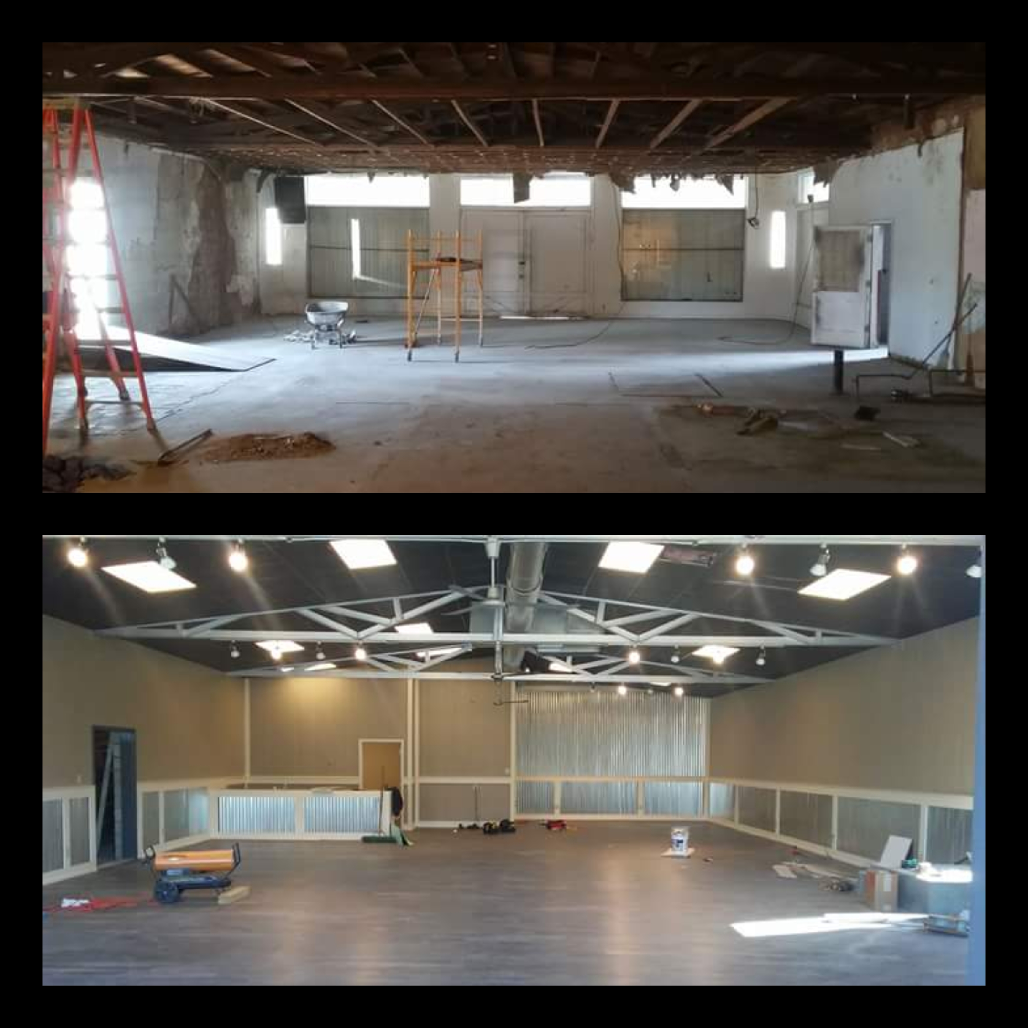 Before and after photos of a renovated interior space